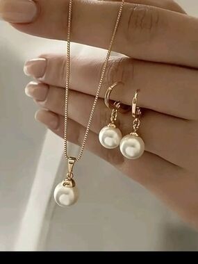 Gold Pearl Drop Necklace and Hoop Earrings Set - 3 Pc. White Pearl